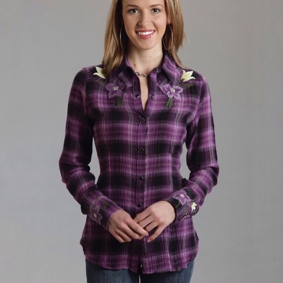 Stetson Plaid Floral Embroidered Button Down Shirt Western Cowgirl Women’s Sz XL - Picture 1 of 13